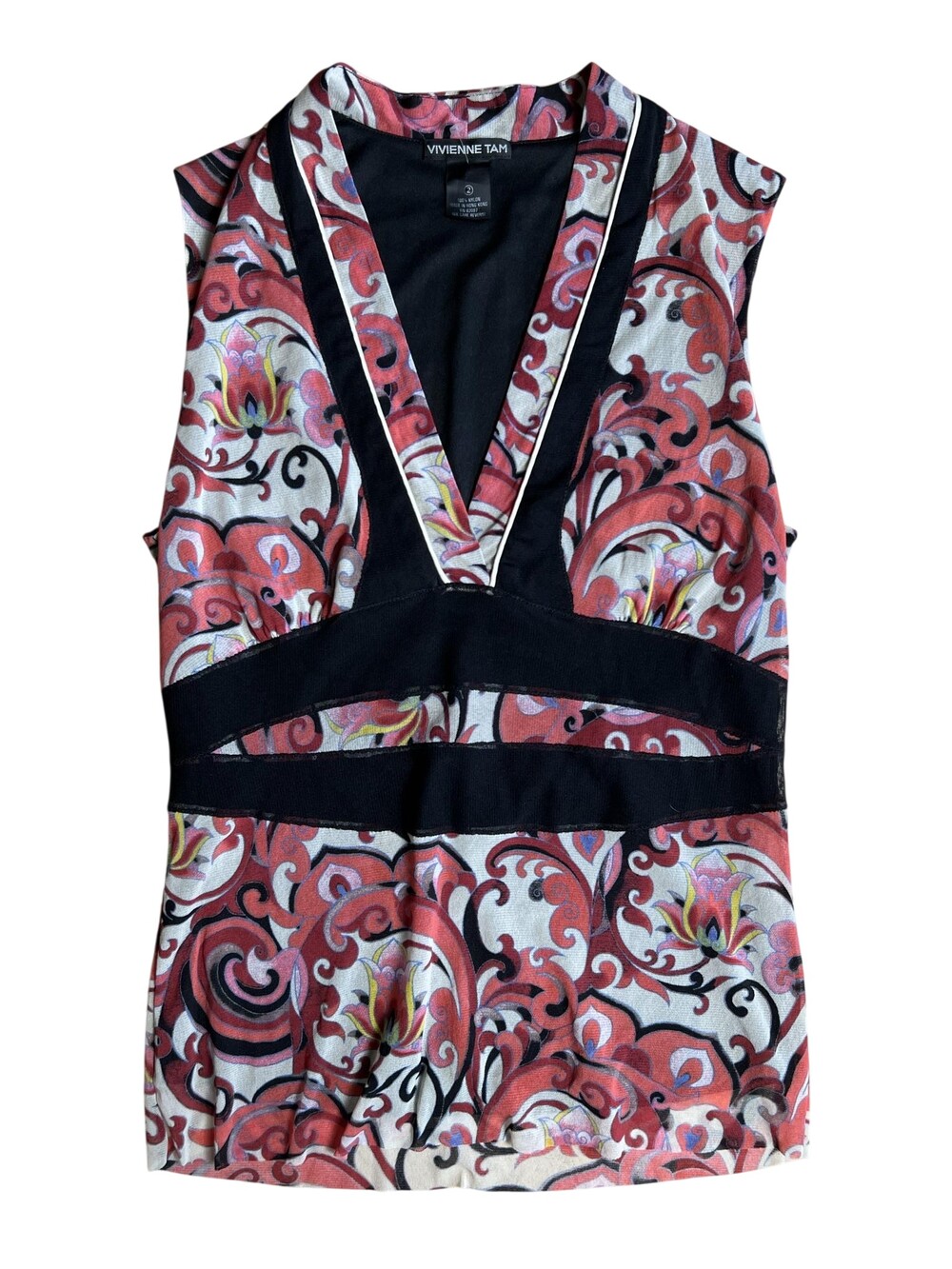 Vivienne Tam Tank Womens 2 Red Jersey V-Neck Sleeveless Floral Party Cocktail